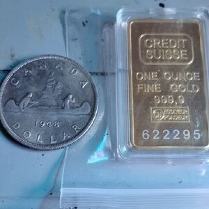 Gold Filled Bar 1oz - Gold Finish&1948 Canadian Dollar Coin